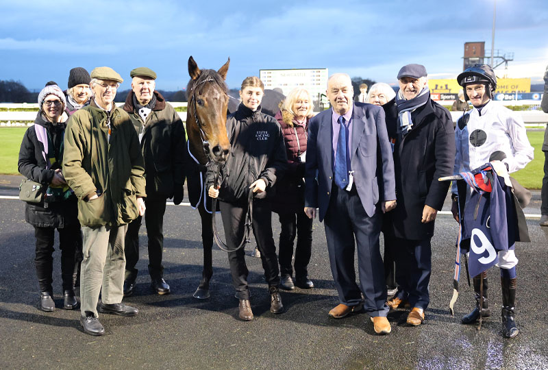 Members with First Of May and Daniel Muscutt in the winners enclosure at Newcastle.